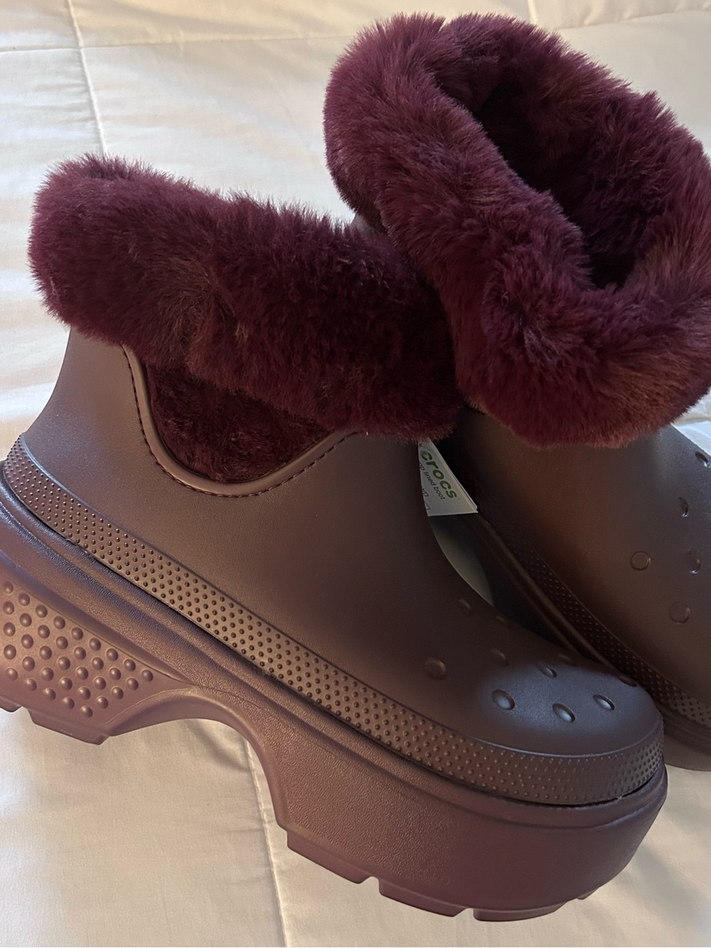 CROCS Women's Faux-Fur Cuffed Booties in Burgundy - Picture 2 of 7